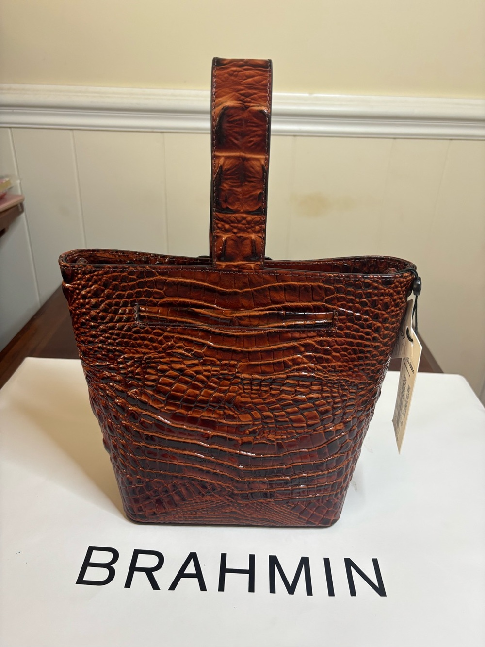 Brahmin Faith in Pecan in Croco-Embossed Leather Mini Bucket Bag - Picture 3 of 8